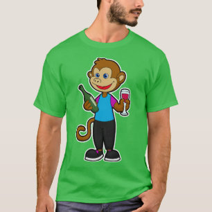 T-shirt Singe avec verre à vin Bouteille de vin