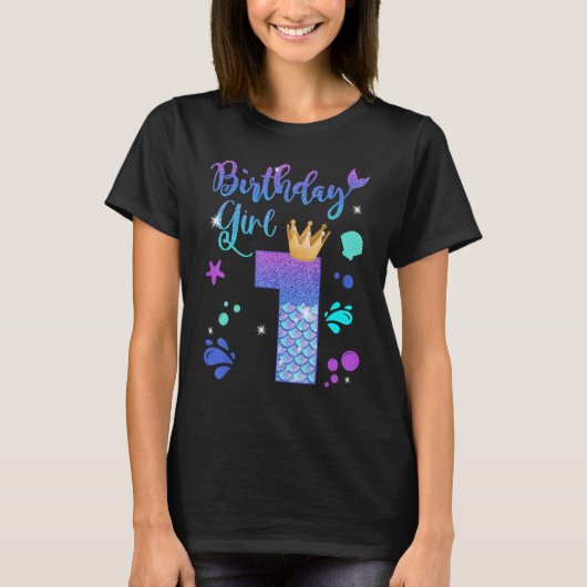 T-shirt Sirène Anniversaire Fille 1 An Ancien C'est mon 1e (Devant)