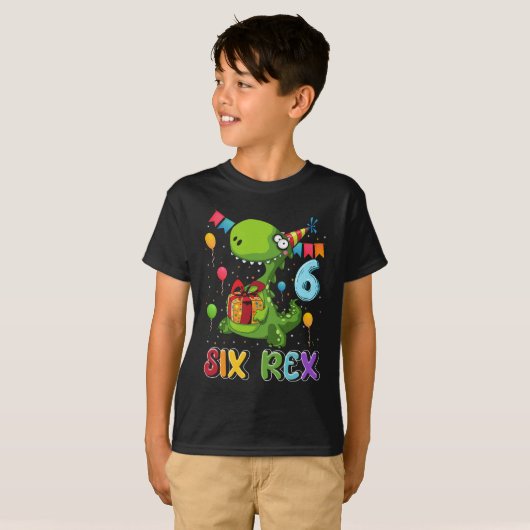 T-shirt Six Rex 6th Birthday Sixth Dinosaur Holding Box Gi (Devant entier)