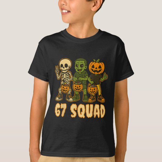 T-shirt Six Seven 67 Squad Skeleton Pumpkin Halloween Boys (Devant)