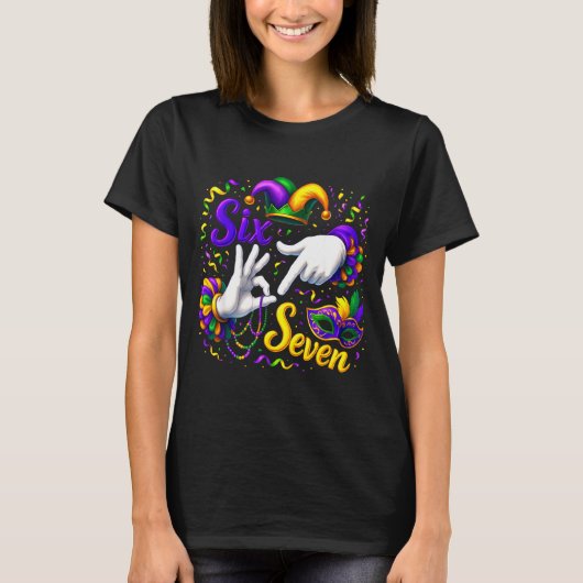 T-shirt Six Seven 6 7 Meme Mardi Gras Jester Hand Sign Fat (Devant)