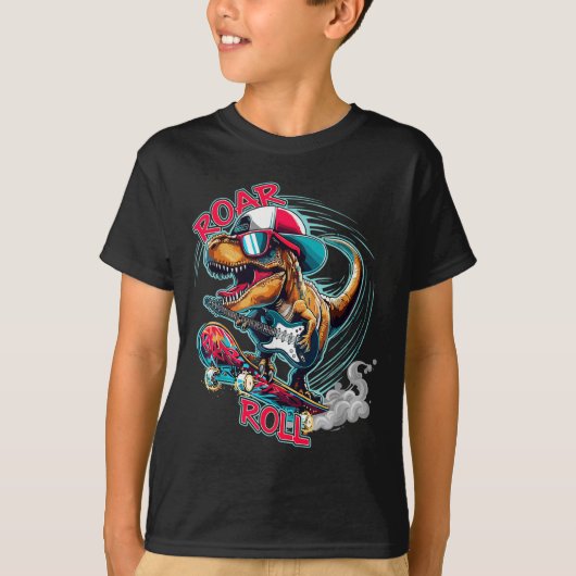 T-shirt Skater Guitar T-rex Roar Roll Dinosaur For Boys Me (Devant)