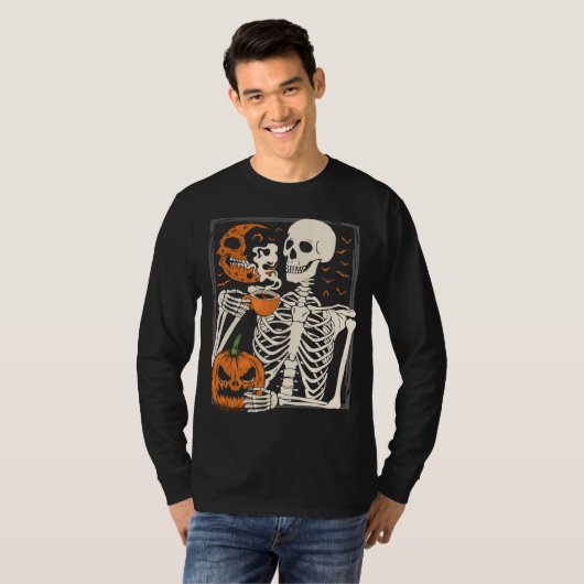 T-shirt Skeleton Boire Café Lover Halloween Crâne ML (Devant entier)