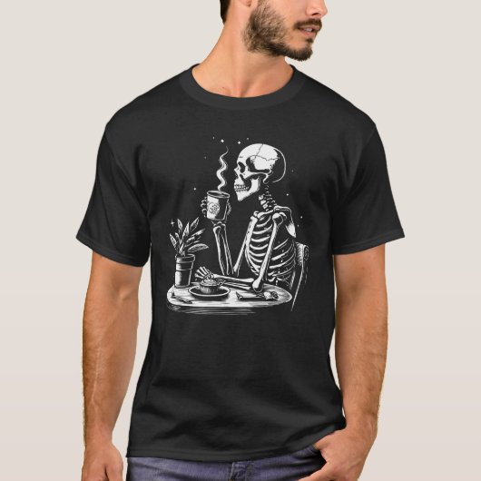 T-shirt Skeleton boit du café noir (Devant)