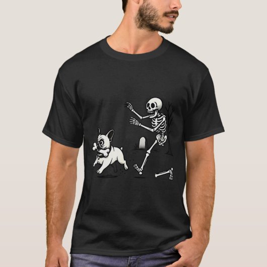 T-shirt Skeleton Chasing French Bulldog Biting Leg Bone Ha (Devant)