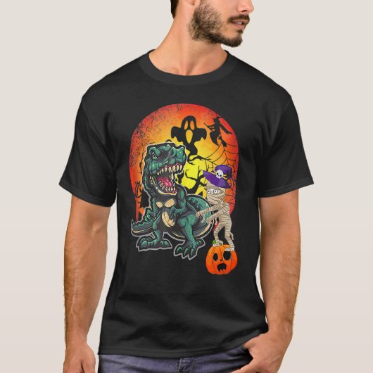 T-shirt Skeleton Dinosaur rex Boys Halloween Mummy  Pumpki (Devant)