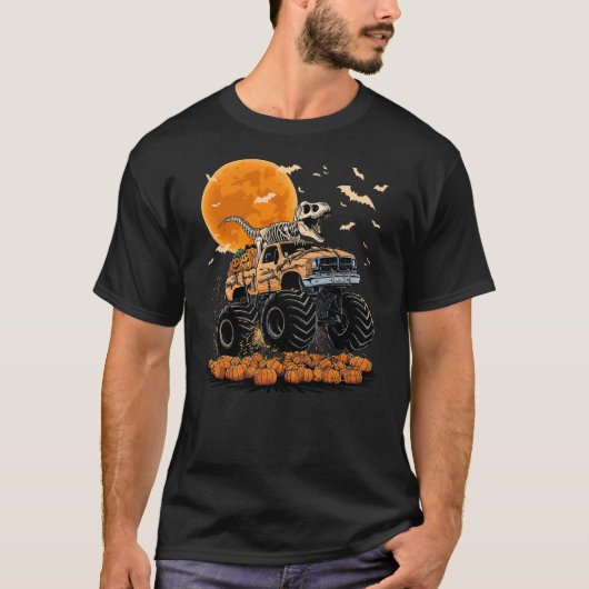 T-shirt Skeleton Dinosaur T-rex Riding Monster Truck Hallo (Devant)