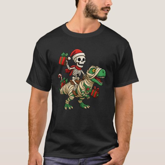 T-shirt Skeleton Dinosaur Ugly Christmas Party Winter Holi (Devant)
