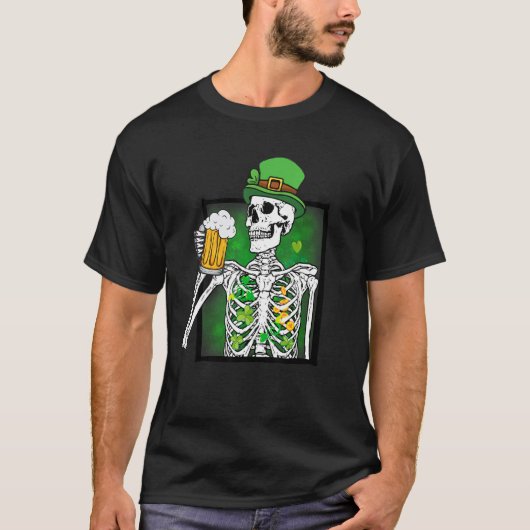 T-shirt Skeleton Drinking Beer St Patricks Day Shamrock Dr (Devant)