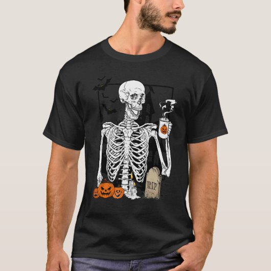 T-shirt Skeleton Drinking Coffee Halloween Skull 1 (Devant)