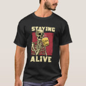 T-shirt Skeleton Drinking Coffee Halloween Staying Alive G (Devant)
