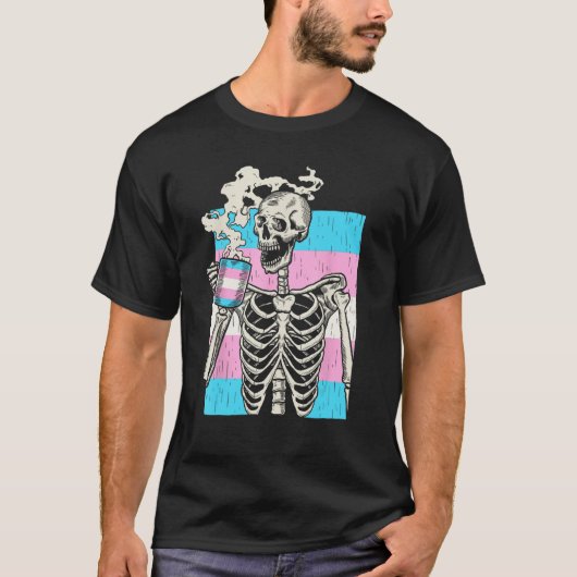 T-shirt Skeleton Drinking Coffee LGBT Q Transgender Pride  (Devant)