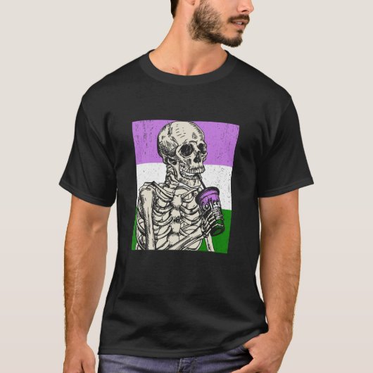 T-shirt Skeleton Drinking Coffee LGBTQ Genderqueer Pride F (Devant)