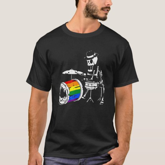 T-shirt Skeleton Drummer Gay Pride LGBT Q Rainbow Drum Pri (Devant)