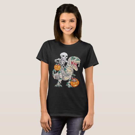 T-shirt Skeleton équitation maman Dinosaur T rex Halloween (Devant entier)