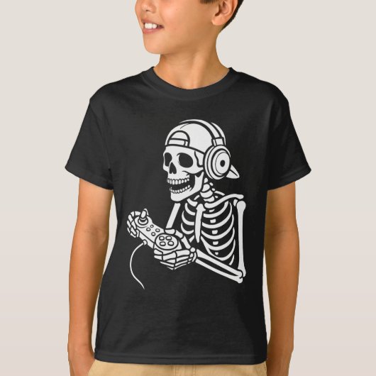 T-shirt Skeleton Gamer Funny Video Gaming Controller Headp (Devant)