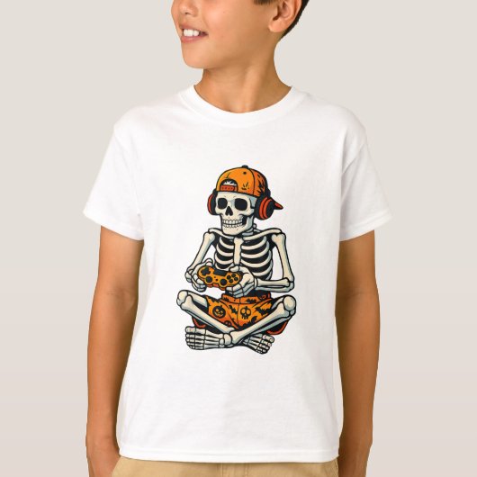 T-shirt Skeleton Gamer Headphone Funny Halloween Gaming (Devant)