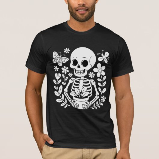 T-shirt Skeleton Gardener Art Whimsical Flower Pot  (Devant)