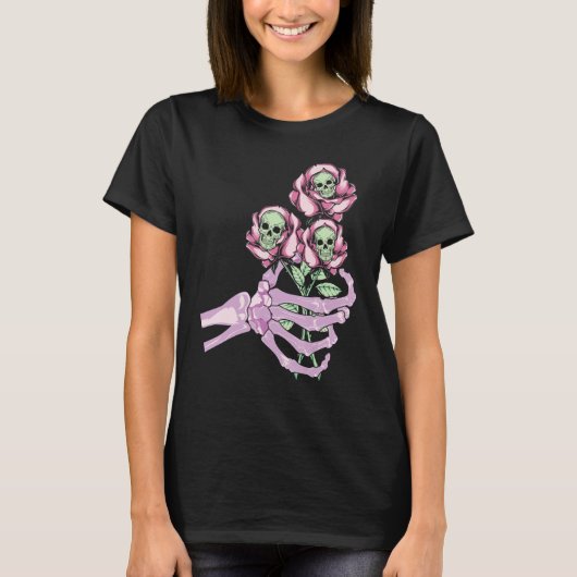 T-shirt Skeleton Hand Skull Pastel Roses Graphic Valentine (Devant)