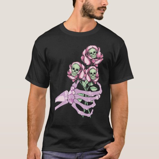 T-shirt Skeleton Hand Skull Pastel Roses Graphic Valentine (Devant)