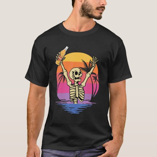 T-shirt Skeleton Hands Bière avec Sunset Retro Backg (Devant)