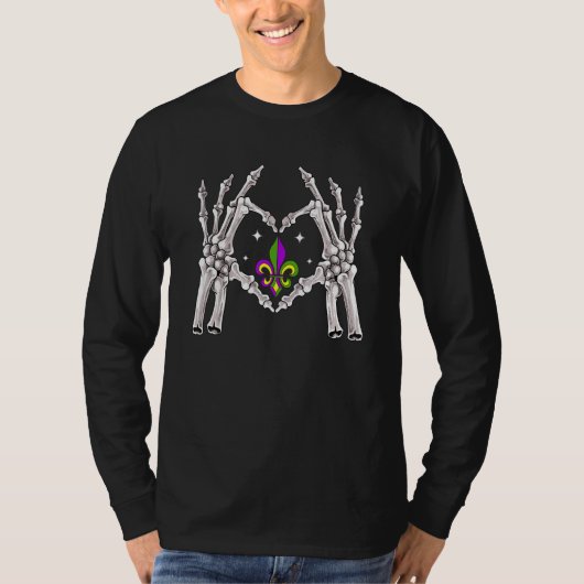 T-shirt Skeleton Hands Heart Love Funny Mardi Gras Fleur D (Devant)