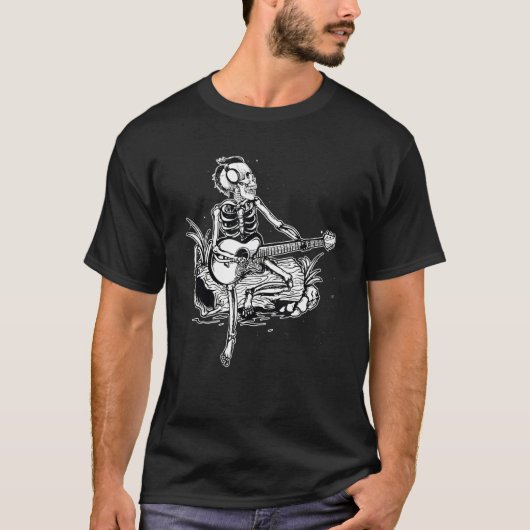 T-shirt Skeleton Head Playing Acoustic Rock On His Guitar  (Devant)