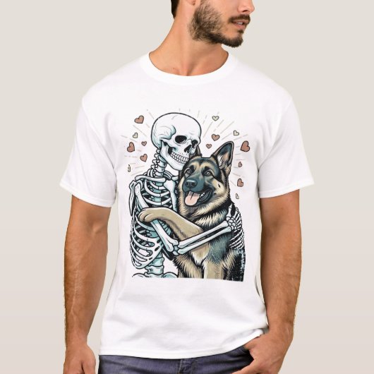 T-shirt Skeleton Hugging a German Shepherd � Unique Gothic (Devant)