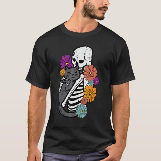 T-shirt Skeleton Hugging Black Cat Flowers Halloween Women (Devant)