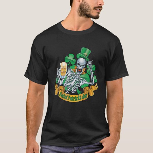 T-shirt Skeleton Leprechaun With Shamrock Beer For St Patr (Devant)