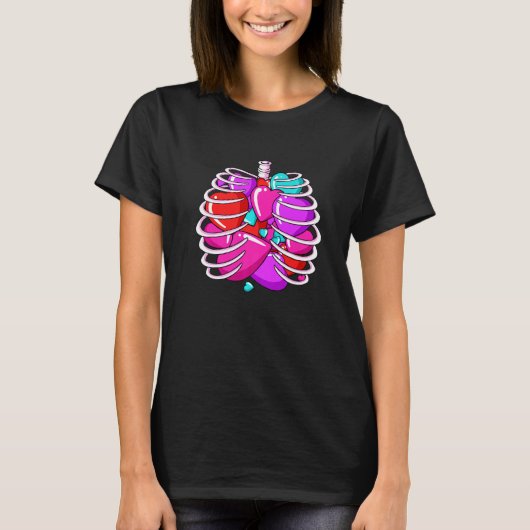 T-shirt Skeleton Rib Cage Coeur Valentines Jour mignonne A (Devant)