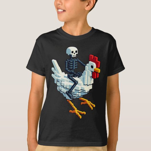 T-shirt Skeleton Riding Chicken Block Style Pixel Art Gami (Devant)