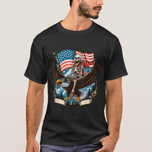 T-shirt Skeleton Riding Eagle Usa American 4 juillet Pat (Devant)