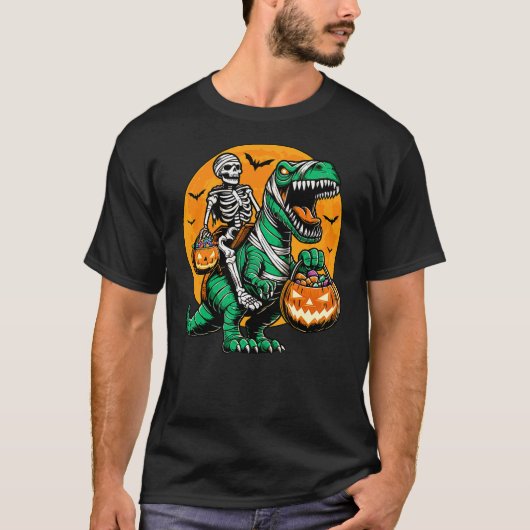 T-shirt Skeleton Riding Mummy Dinosaur Pumpkin Spooky Trex (Devant)