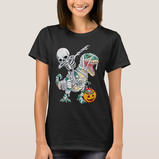 T-shirt Skeleton Riding Mummy Dinosaur Rex Halloween Pump (Devant)