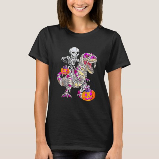 T-shirt Skeleton Riding Mummy Dinosaur Rex Halloween Pump (Devant)