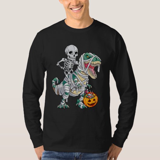 T-shirt Skeleton Riding Mummy Dinosaur rex Halloween  Pump (Devant)