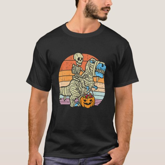 T-shirt Skeleton Riding Mummy Dinosaur rex Halloween Pump (Devant)