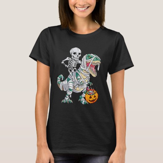 T-shirt Skeleton Riding Mummy Dinosaur rex Halloween  Pump (Devant)
