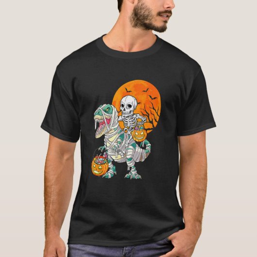 T-shirt Skeleton Riding Mummy Dinosaur Rex Halloween Pump (Devant)