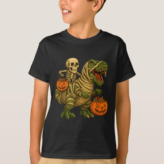T-shirt Skeleton Riding Mummy Dinosaur T Rex Halloween Fun (Devant)