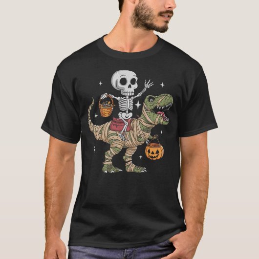 T-shirt Skeleton Riding Mummy Dinosaur T Rex Pumpkin Happy (Devant)