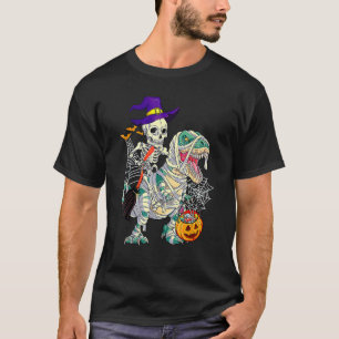 T-shirt Skeleton Riding Rex Dinosaur Pumpkin  Halloween Ki