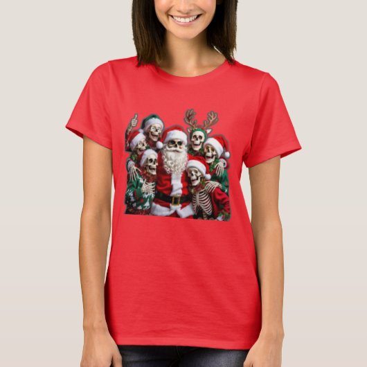 T-shirt Skeleton Santa Christmas Group Photo – Festive 3D (Devant)
