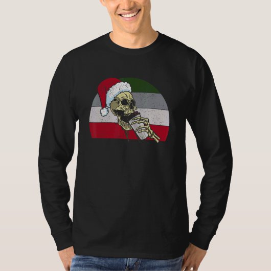 T-shirt Skeleton Santa Claus Hat Drinking Coffee  Christma (Devant)