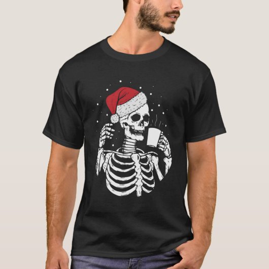 T-shirt Skeleton Santa Hat Boire du café Drôle Noël (Devant)