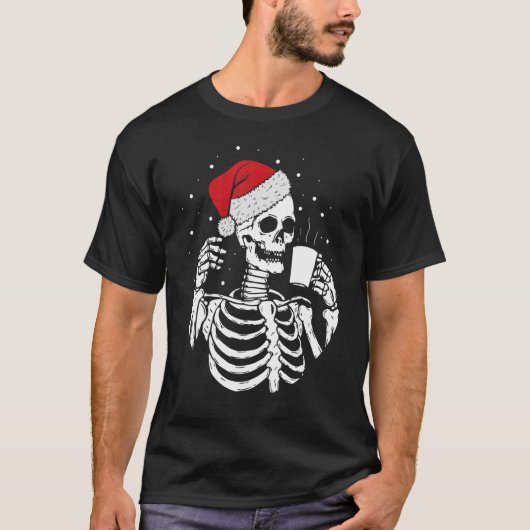 T-shirt Skeleton Santa Hat Drinking Coffee Christmas (Devant)