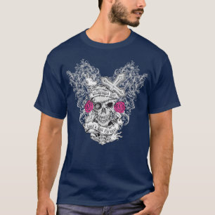 T-shirt Skeleton Skull Roses Cross Bones - Rock And Roll T