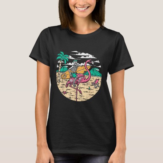 T-shirt Skeleton Surfer équitation Flamant rose Halloween  (Devant)