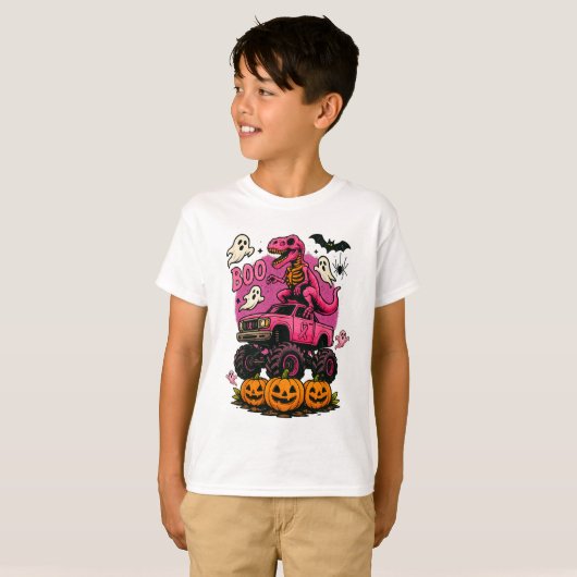 T-shirt Skeleton T Rex Dinosaur Monster Truck Citrouille B (Devant entier)